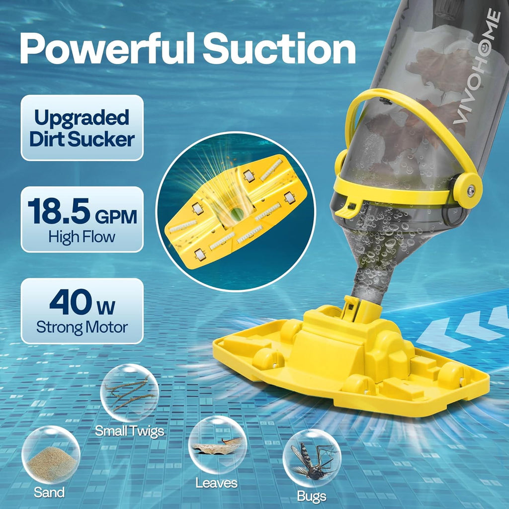 SPECSTAR Cordless Pool Vacuum with Telescopic Pole, Powerful Suction up to 18.5 GPM, 60 Mins Running Time, Handheld Rechargeable Swimming Pool Cleaner for Pools/Spas/Hot Tubs, Yellow