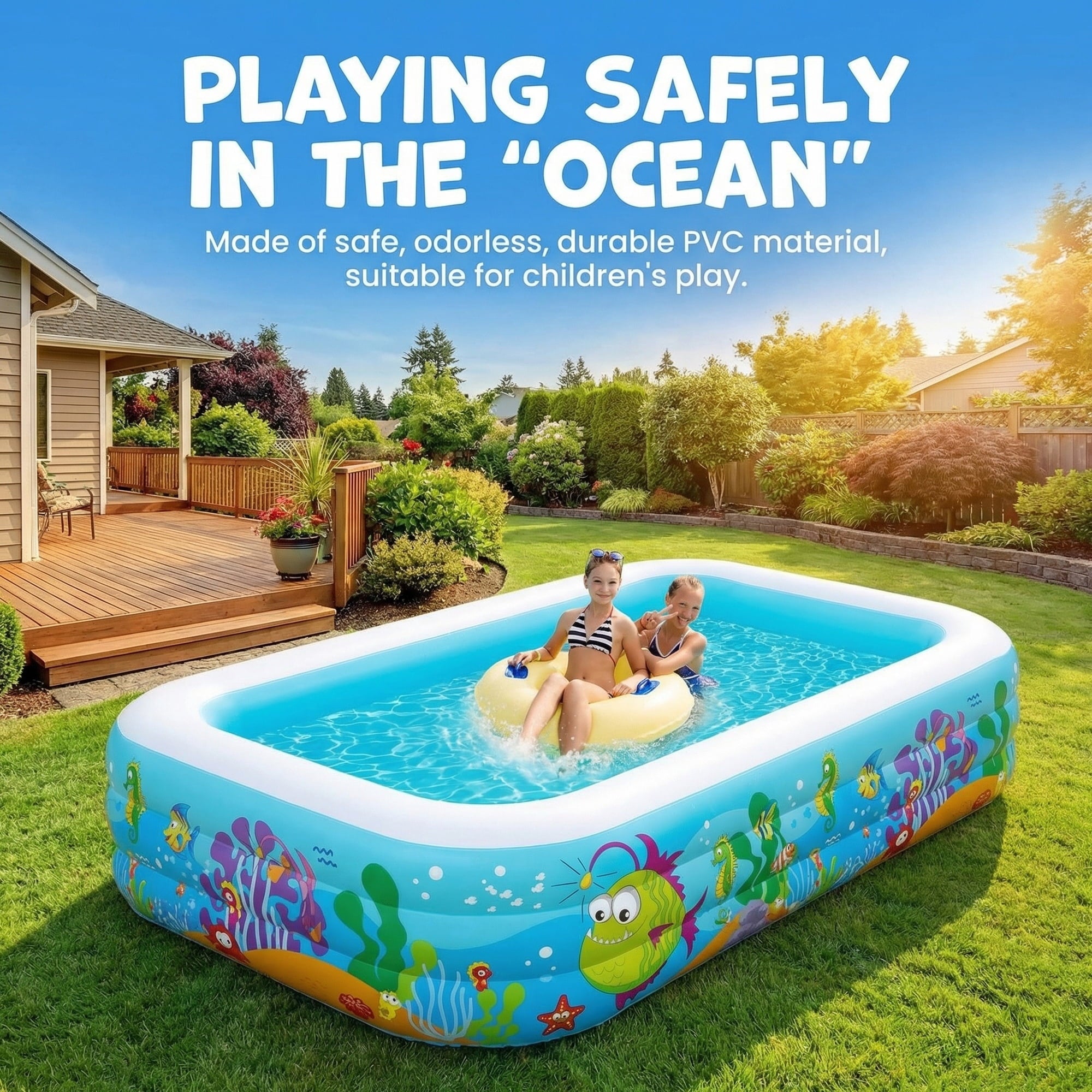 Naipo Inflatable Swimming Pool for Kids and Adults, 120x72x22 Oversized Thickened Family Swimming Pool for Toddlers, Outdoor, Garden, Backyard, Summer Water Party, Cartoon Patterns