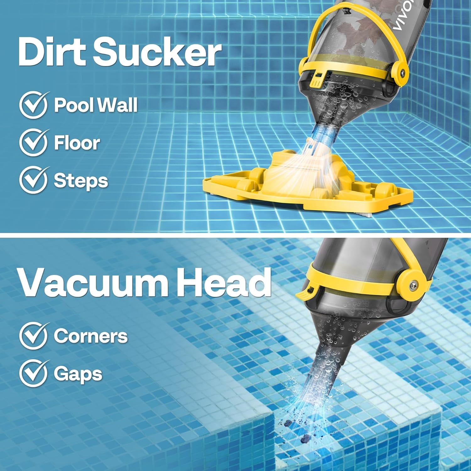 SPECSTAR Cordless Pool Vacuum with Telescopic & Extension Poles 9.12ft, 18.5 GPM Suction, 60-Min Run Time, Handheld Cleaner Rechargeable with Battery Indicator for Pools/Spas/Hot Tubs - Yellow
